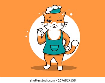 Best chef Cat logo, сooking template. Funny kitty character, logotype, badge, sticker, emblem, label on orange background. Vector illustration