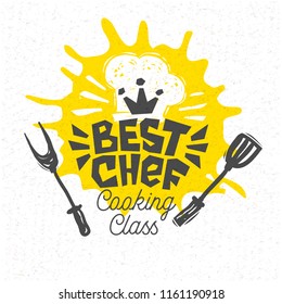 Best chef, cooking school, culinary classes, studio, logo, utensils, apron, fork, knife, master chef. Lettering, calligraphy logo, sketch style, welcome. Hand drawn vector illustration.