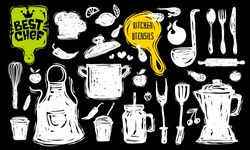 Best Chef Culinary School Logo Design Label Sticker Poster Banner. Kitchen Utensils Food Elements. Soup Pot Knife Fork Spoon Plate Pan Hand Drawn Vector Design Illustration.