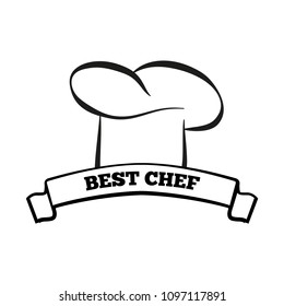 Icono del mejor chef con sombrero de cocinero, trabajador de cocina parte del uniforme, premio y título, título en cinta, ilustración vectorial incolora aislada en blanco.