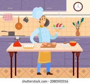 Best chef logo Man holds plate with ready-made meal. Restaurant service, breakfast or dinner dish vector. Kitchener serving dish from chef, food at cafe. Male character with hot meat on plate