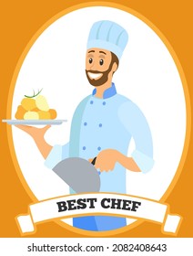 El logo del mejor chef Man lleva el plato con la comida y tapa preparadas. Servicio de restauración, desayuno o cena en vectores de bandeja. Diseño para el restaurante. La cocina sirve platos del chef y la comida de la cafetería