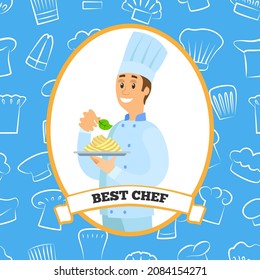 El logo del mejor chef Hombre lleva el plato con una comida hecha a mano. Servicio de restaurante, desayuno o cena. Diseño para un restaurante italiano. Chef con plato de pasta, plato de cocina italiana en la cafetería