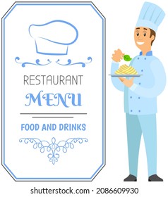 Best chef logo Man holds plate with ready-made meal. Restaurant service, breakfast or dinner dish. Design for Italian restaurant. Chef standing with plate of pasta, dish of italian cuisine in cafe