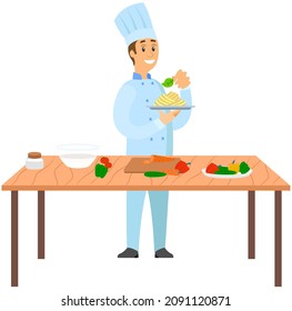 Best chef logo Man holds plate with ready-made meal. Restaurant service, breakfast or dinner dish. Design for Italian restaurant. Chef standing with plate of pasta, dish of italian cuisine in cafe