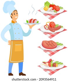 Best chef logo Man holds plate with ready-made meal. Restaurant service, breakfast or dinner dish vector. Kitchener serving dish from chef, food at cafe. Male character with hot meat on plate