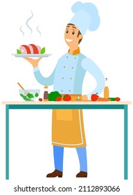 Best chef logo Man holds plate with ready-made meal. Restaurant service, breakfast or dinner dish vector. Kitchener serving dish from chef, food at cafe. Male character with hot meat on plate