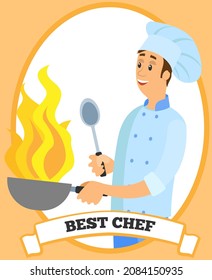 Best chef logo Man preparing dish on fire, hot wog meal. Professional chef works with kitchen equipment to prepare food. Male character fries barbecue dish. Grill ingredients and equipment vector
