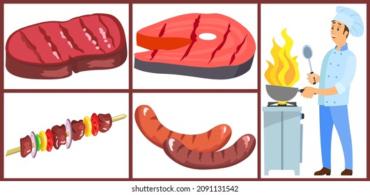 Best chef logo Man preparing dish on fire, hot wog meal. Professional chef works with kitchen equipment to prepare food. Male character fries barbecue dish. Grill ingredients and equipment vector