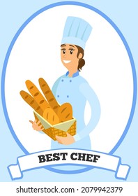 Best chef logo with smiling woman holding bread basket. Best chef competition symbol. Professional female bread maker with fresh baguettes and loaves. Bakehouse worker with hot pastries, bakery