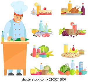 Best chef logo chef stands with cutting board and knife. Man prepares dish, cuts cucumber, vegetable for salad. Chef works with kitchen equipment to prepare food. Cook cuts ingredients to healthy meal