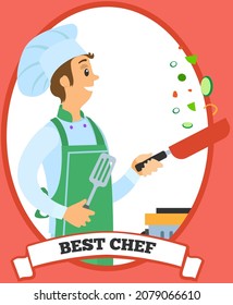 Best chef logo chef stands with spatula and frying pan in hand. Man prepares dish, mixes products for meal. Chef works with kitchen equipment to prepare food. Male character fries ingredients of dish
