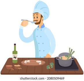 Best Chef Logo Chef Stands With Spoon And Soup Pot On Stove. Man Preparing Dish, Tasting Meal. Chef Works With Kitchen Equipment To Prepare Food. Male Character Tastes Ingredients Of Hot Dish