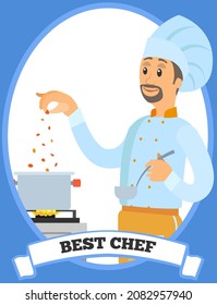 Best chef logo chef stands with spoon and soup pot on stove. Man preparing dish, adding spice to meal. Chef works with kitchen equipment to prepare food. Male character adds ingredients to hot dish