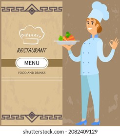 Best chef logo Woman holds plate with ready-made meal. Restaurant service, breakfast or dinner dish vector. Design for restaurant menu. Female kitchener serves dish from chef, healthy food at cafe