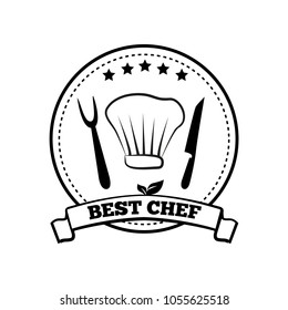 Best Chef Monochrome Round Emblem With Five Stars. Chefs Hat And Cutlery On Black And White Sticker. Quality Assurance Logotype Vector Illustration.