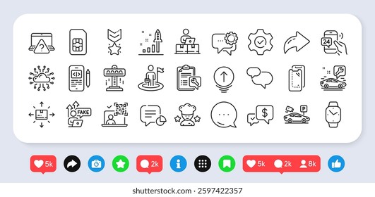 Best chef, Spanner and Development plan line icons pack. Social media: share, comment, like icons. Smartwatch, Attraction, Online question web icon. Vector