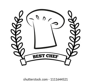 Best chef title and laurel branch, hat of cook, symbolic image with headline in ribbon, winner or award vector illustration isolated on white.