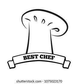Best chef uniform part outline black and white emblem with hat and sign on ribbon. Cooks tall hat on logo isolated cartoon vector illustration