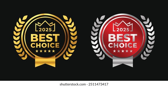 Best choice 2025 premium quality luxury gold vector label design element. Circle, ribbon, stars, laurel, red, silver frame isolated on black background