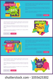 Best choice 50% off, buy now 65 % discount premium goods best choice only today special price set of web posters with collection of women clothes vector