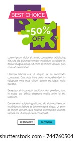 Best choice -50% off, internet page representing blot and lettering, additional text below and blue buttons on vector illustration web poster