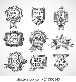 Best choice advertising and promotion badge black sketch set isolated vector illustration