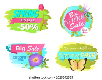 Best choice big spring big sale discounts 50% posters set with decorative labels with butterfly and springtime flowers blossom, purple crocus and tulip