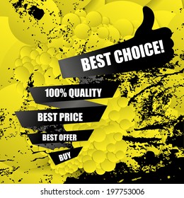 Best choice black banner with like symbol and abstract grunge background with yellow bubbles