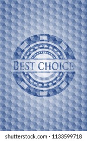 Best Choice blue badge with geometric background.