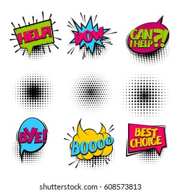 Best choice, bye, help set Comic book halftone background balloon. Bubble icon speech phrase. Cartoon exclusive font label tag expression. Comic text, sound effect dot back. Sounds vector illustration