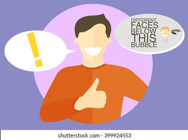 Best choice concept illustration. Sure character. Confident, satisfied young man. Flat vector sign with set of different faces. 