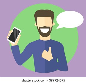 Best choice concept illustration. Sure character. Confident, satisfied young man. Flat vector sign. Choosing smartphone conception. Mobile phone selection.