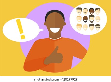 Best choice concept illustration. Sure character. Confident, satisfied black man. Flat vector sign with set of different faces. 