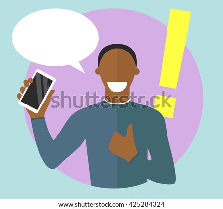 Best choice concept illustration. Sure character. Confident, satisfied black man. Flat vector sign. Choosing smartphone conception. Mobile phone selection.