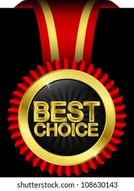 Best choice golden label with red ribbons, vector