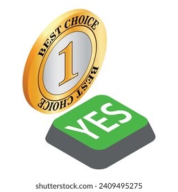 Icon isometrischer Vektorgrafik mit der besten Wahl. Das beste Auswahlzeichen und das Symbol der grünen Schaltfläche. Anerkennung, Genehmigung