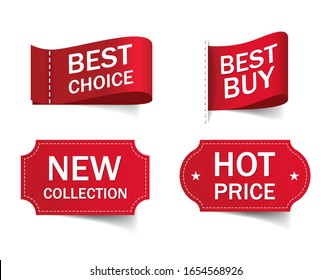 Best choice label collection. Hot price tag, badges template. Fabric design sticker for cloth on white background. Textile cotton emblem with new collection text for exclusive edition. Design vector