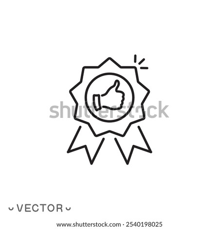 best choice label with thumb up icon, thin line symbol isolated on white background, editable stroke eps 10 vector illustration