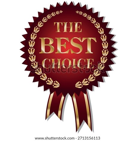 The "Best Choice" medal. Vector drawing of a label icon with text. Realistic golden-red label icon, the best option with a ribbon. Excellent quality.  The sticker is highlighted on a transparent backg