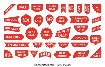 Best choice new big sale banner. Red ribbon price tag sticker discount label template with advertising text. Flat shopping special offer retail banners, hot promotion note message for consumer