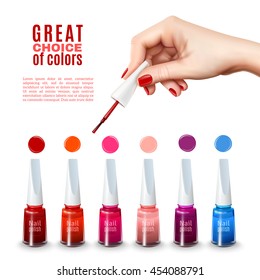 Best Choice Of New Tints Nail Polish Colors With Beautiful Hand Holding Brush Advertisement Poster Realistic Vector Illustration