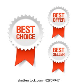 Best choice, offer and seller labels with ribbon. Vector.