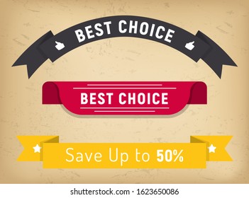Best choice on big sale in shops. Save money, discounts up to 50 percent off. Three labels with promotion captions. Colorful ribbons with advertising. Vector illustration of advert in flat style