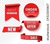 Best choice, order now, special offer, new and big sale banners. Red ribbons, tags and stickers. Vector illustration.