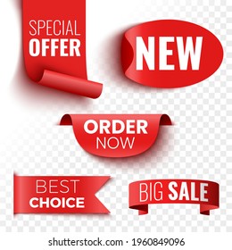 Best choice, order now, special offer, new and big sale banners. Red ribbons, tags and stickers on transparent background. Vector illustration.