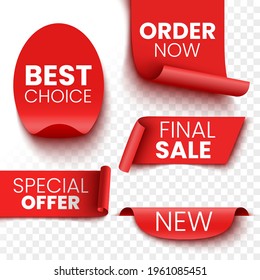 Best choice, order now, special offer, new and final sale banners. Red ribbons, tags and stickers. Vector illustration.