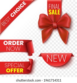 Best choice, order now, special offer, new and final sale banners. Red ribbon, tags, bow and sticker. Vector illustration.