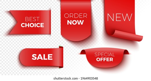 Best choice, order now, special offer, new and sale banners. Red tags. Vector illustration.