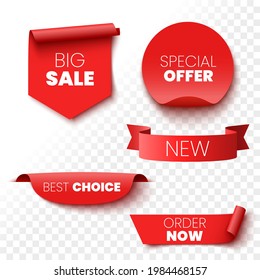 Best choice, order now, special offer, new and big sale banners. Red ribbons, tags and stickers. Vector illustration.